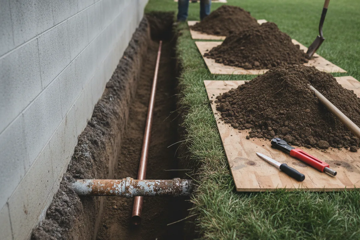 Excavated water line trench during Sewer Line Repair in Arlington